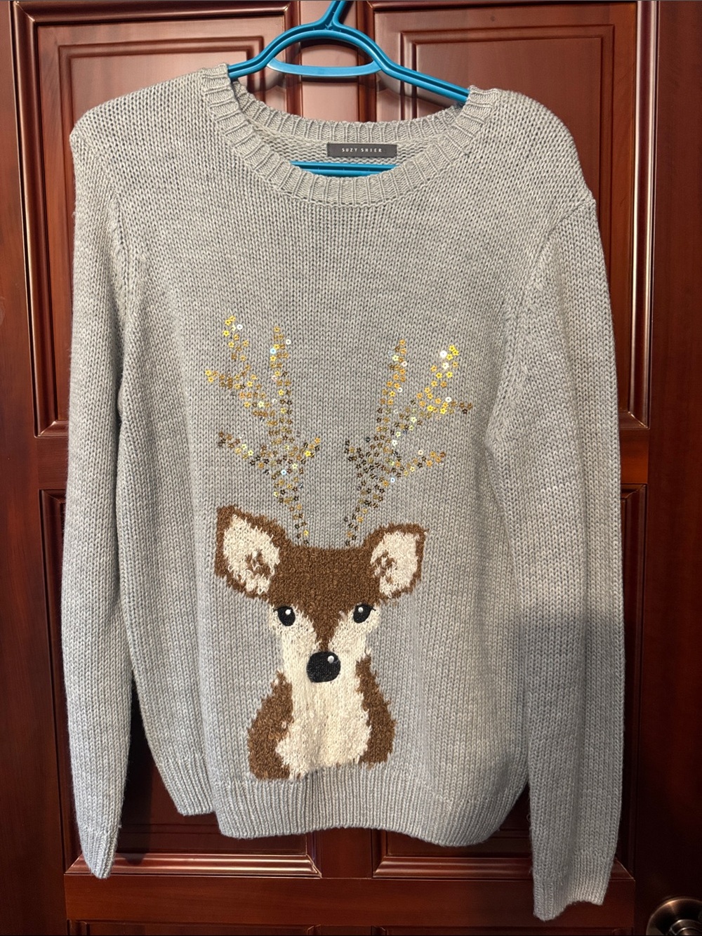 Suzy Shier Gray Sweater with Brown & Cream Reindeer and Gold Sequin Antlers